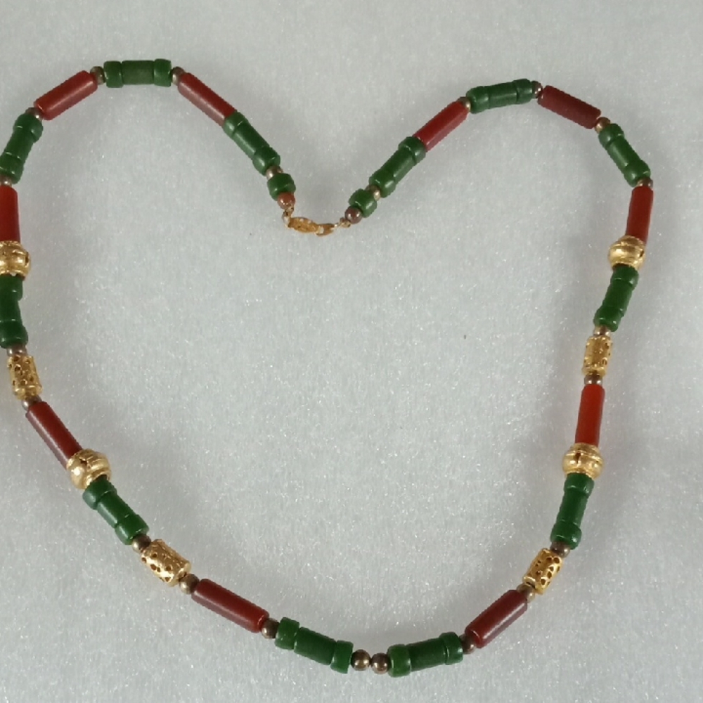Vintage Red- Green- Gold Bead Necklace #A252